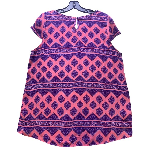 Pink Rose Blouse Womens 1X Pink Purple Diamond Print Short Sleeve Mature AOP - Picture 4 of 9